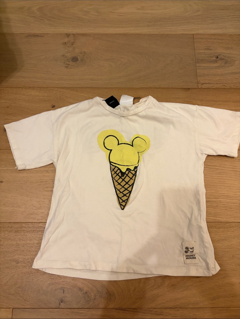 Zara White T‑Shirt with Yellow Mickey Ice Cream Graphic